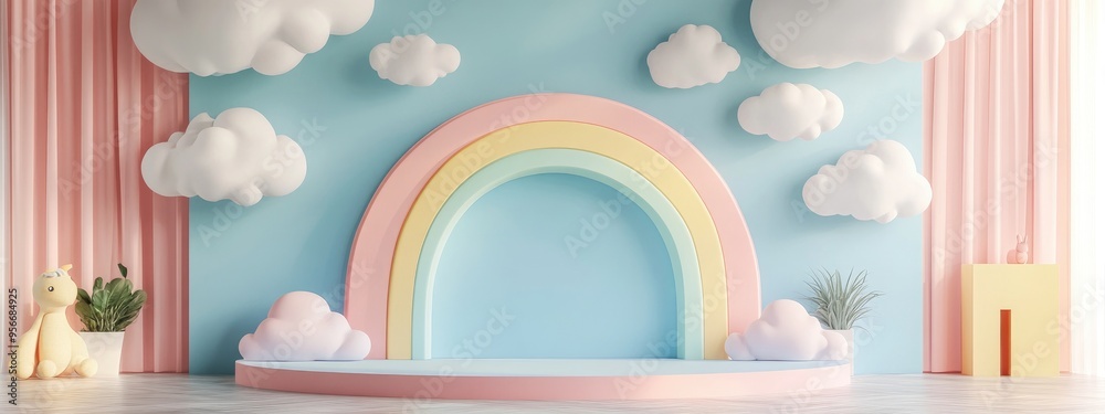 Aufkleber colorful pastel clouds and a rainbow adorning a nursery interior 3d rendering a scene designed for a