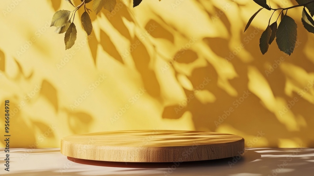 Poster Yellow wooden podium in a minimalist setting featuring leaf shadows Ideal background for product presentation 3D rendering illustration