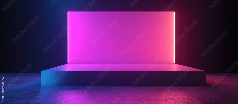 Poster blank product display with neon lights in a dark room background 3d rendering illustration