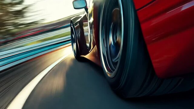 High-Speed Red Sports Car on Race Track Curving Turn