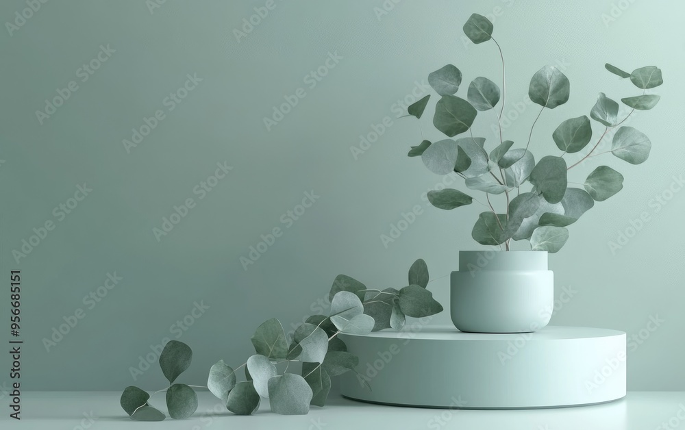 Poster minimalist product display featuring green eucalyptus leaves 3d rendering