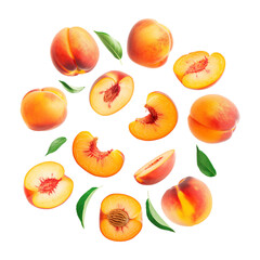 Peach and cut peaches falling background