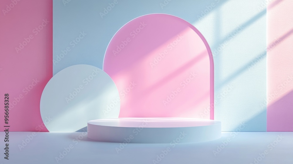 Poster Minimalistic 3D render of a pastel podium showcase featuring simple geometric shapes for product presentations and advertising including cosmetics and fashion displays