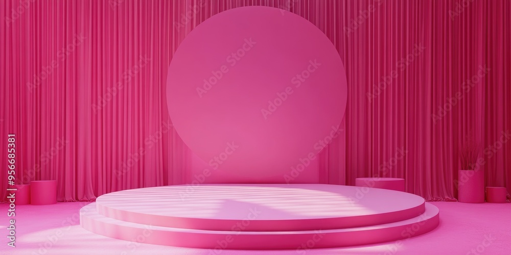 Poster vibrant podium and pedestal against a pink backdrop unoccupied showcase mockup featuring a circular 