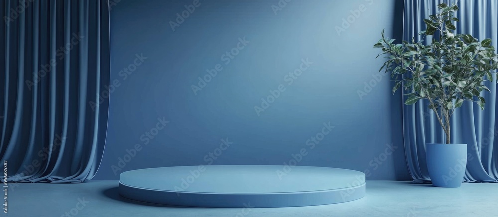 Poster Blue podium on a display with a blank backdrop 3D rendering