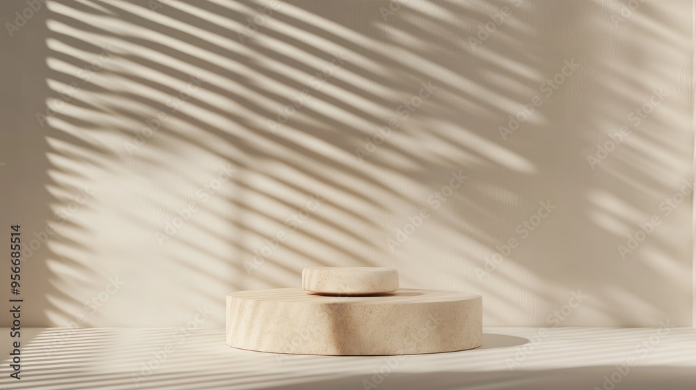 Poster Cosmetic product presentation template featuring an object display on a beige geometric abstract block podium with shadows created by textured wall window blinds in a 3D rendering