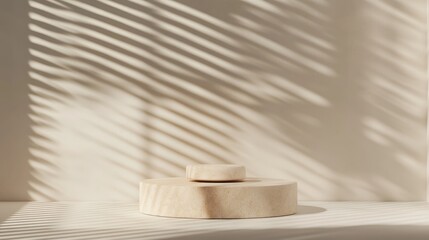 Cosmetic product presentation template featuring an object display on a beige geometric abstract block podium with shadows created by textured wall window blinds in a 3D rendering