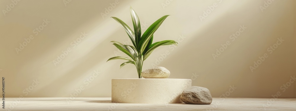 Poster minimalist 3d display podium featuring a green plant and stones set against a beige background abstr