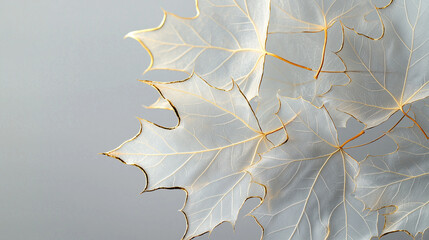 A cluster of semi-transparent white maple leaves with elegant gold-trimmed edges, featuring subtle crack patterns on each leaf's surface