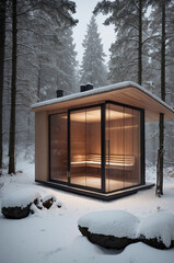 Modern industrial sauna in the snowy forest, wooden sauna with warm light