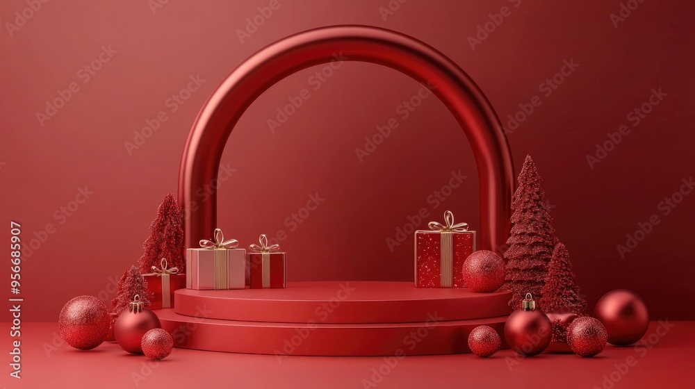 Poster christmas banner with product showcase 3d rendering of red podium