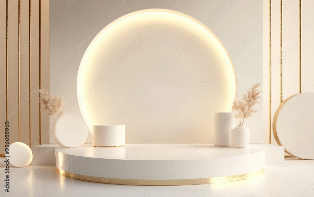 Poster Abstract background featuring simple geometric shapes in white and gold designed with a podium for cosmetic product display and promotional presentation Ample blank space available 3D render illus
