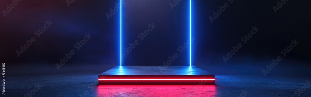 Poster square pedestal with blue neon lights on a gray background 3d rendering