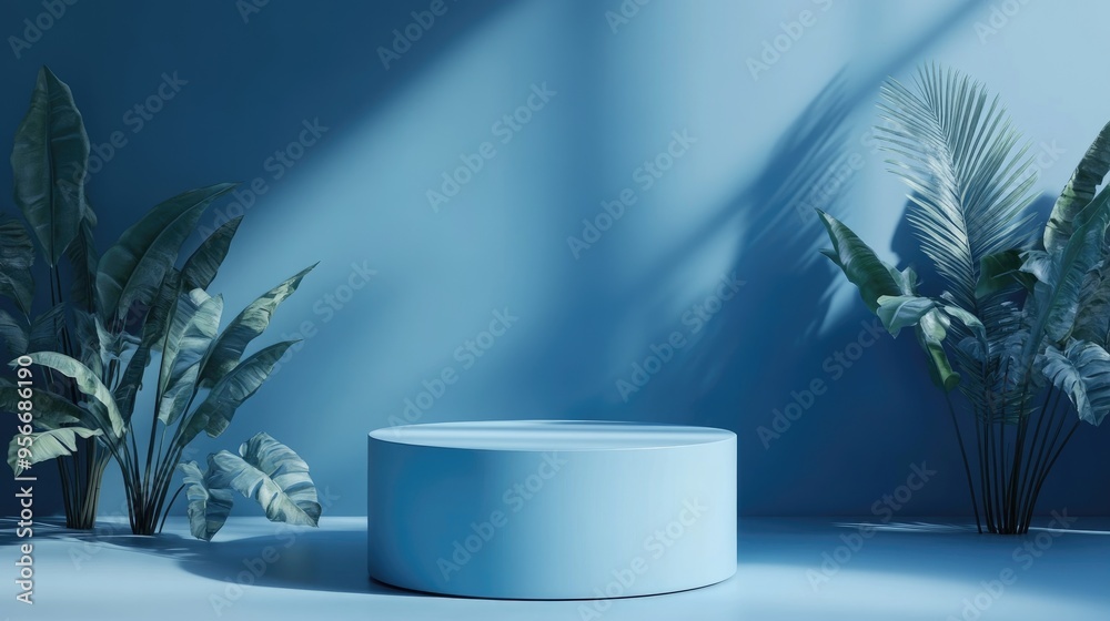 Poster monochromatic blue scene featuring a cylindrical podium for product display with plants in the backg
