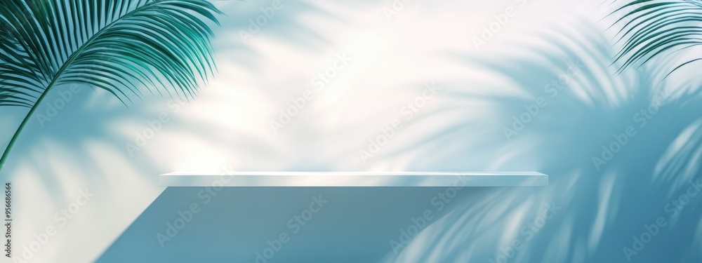 Poster Minimalist white wall featuring a glass shelf for showcasing products An empty space with palm leaf shadows 3D rendered background with ample copy space