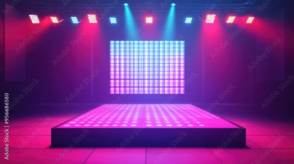 Poster empty podium with a disco panel view of rays magical party ambiance sport inspired style bright envi