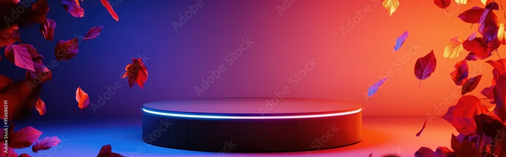 Aufkleber wooden exhibition podium with a 3d background featuring beige and brown colors falling leaves in the