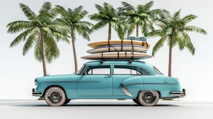 Vintage car with surfboards under palm trees in bright daylight