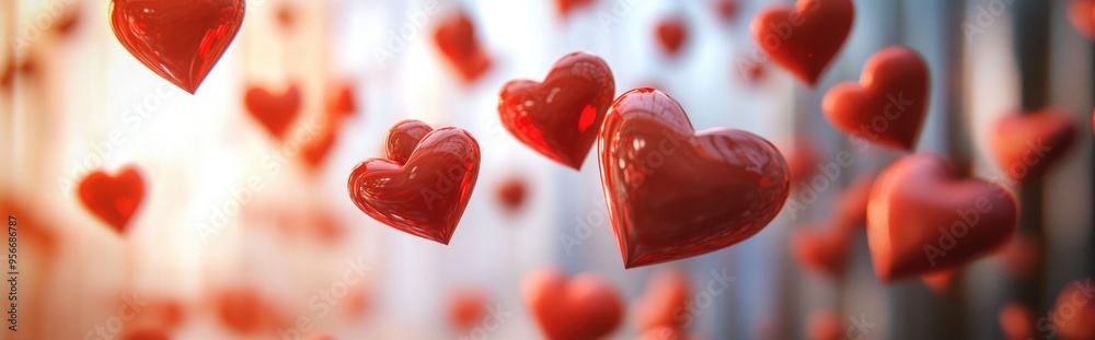 Poster valentine themed product display featuring floating red hearts in a 3d illustration