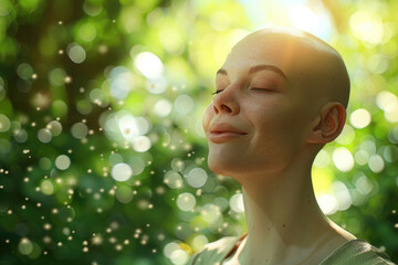Fototapeta premium A young woman stands peacefully in a lush green setting, basking in the warm glow of sunlight and surrounded by shimmering bokeh sparks