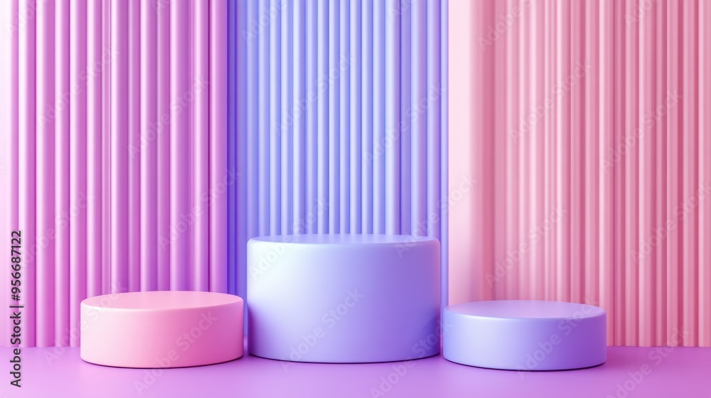 Poster modern pink and purple cylindrical podiums with decorative elements in a cartoon style 3d rendering