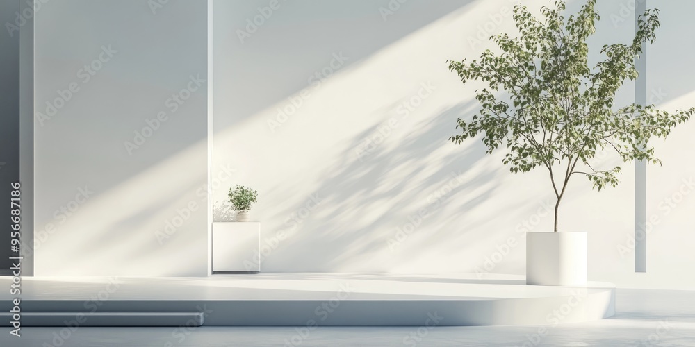 Poster Minimalist studio scene featuring a white room product stand and tree 3D rendering