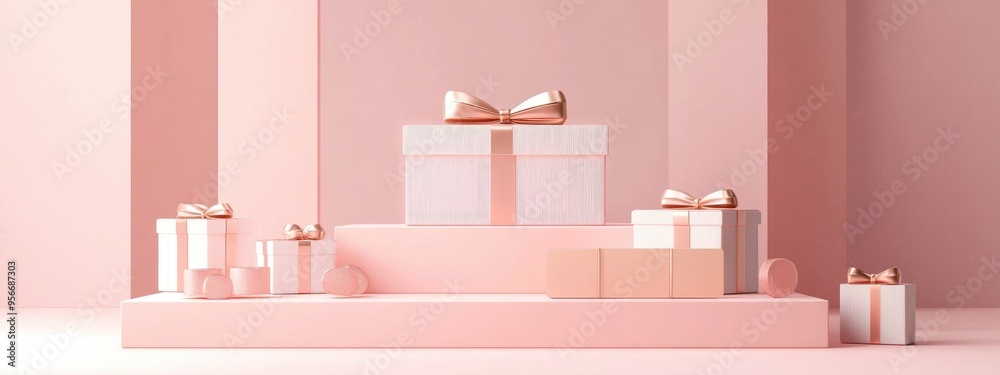 Poster credit card and gift box concept featuring an abstract arrangement of geometric shapes on pastel pin