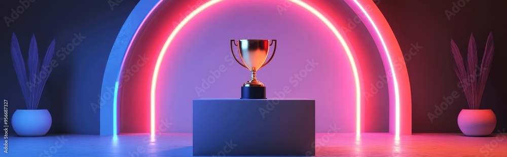 Poster Minimalist abstract podium with a golden trophy set against an arched background The victory pedestal features a sleek design 3D rendering