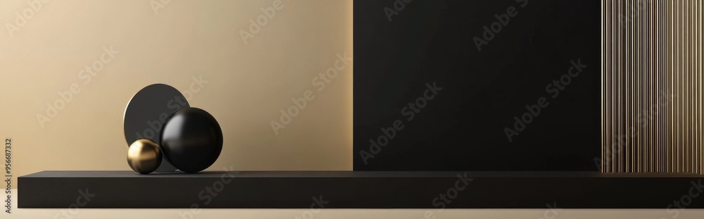 Poster Minimalist black and gold empty display featuring abstract geometric shapes Side perspective view 3D rendering mockup