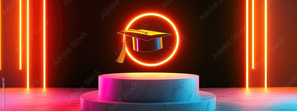 Poster Gold glossy icon representing a graduate on a white marble podium Contemporary symbol for web social media presentations and design template elements 3D rendering