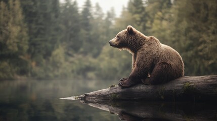 Obraz premium A solitary brown bear perched on a log in a forest, captured in soft, dreamy photography with plenty of copy space.