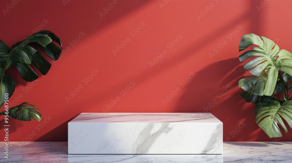 Aufkleber white marble podium against a square red wall with a green monstera plant 3d rendering of an empty s