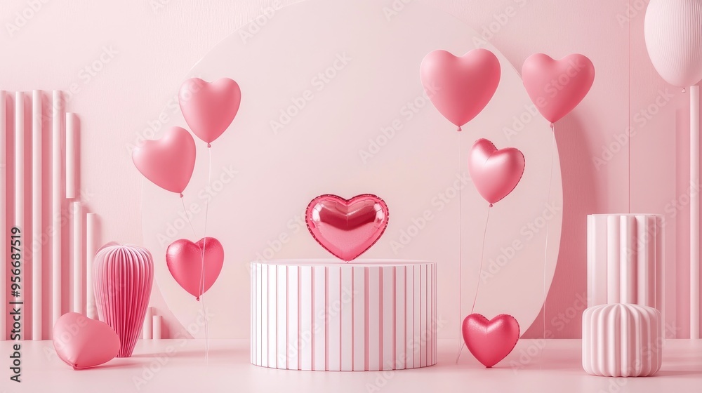 Poster pink and white cylindrical product display featuring a valentine s day theme heart shaped balloons a