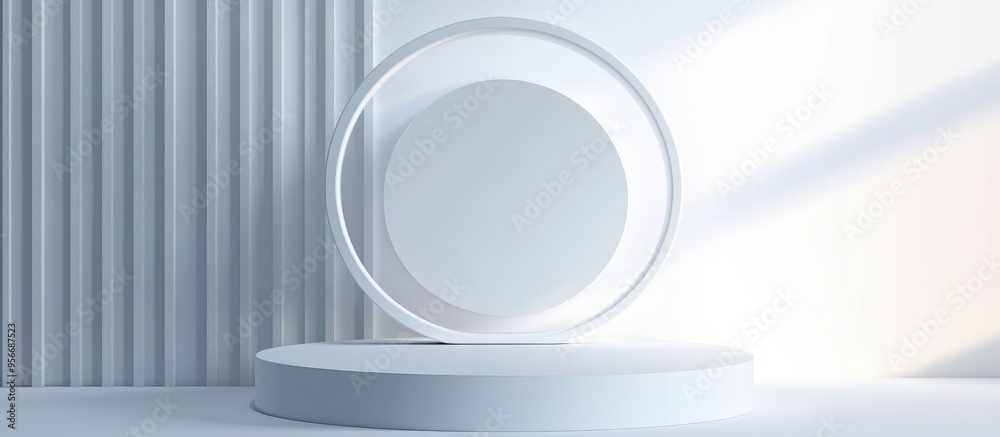Poster Winner podium display on a white background with a circular ring representing success Blank product shelf backdrop 3D rendering