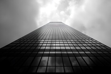 Fototapeta premium Modern skyscraper reaching for the sky, reflecting clouds in its glass facade.