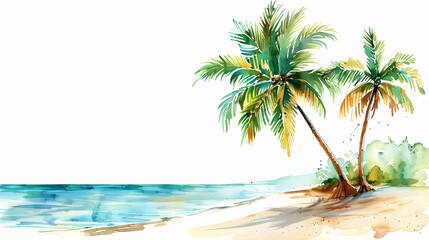 Obraz premium Holiday summer travel vacation illustration - Watercolor painting of palms, palm tree on teh beach with ocean sea, design for logo or t shirt, isolated on white background