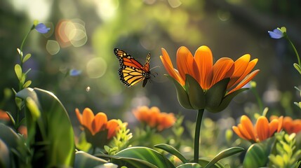 A monarch butterfly flying near an orange flower with green foliage in the background.