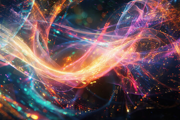 close up horizontal illustration of glowing colorful shiny flowing waves abstract background