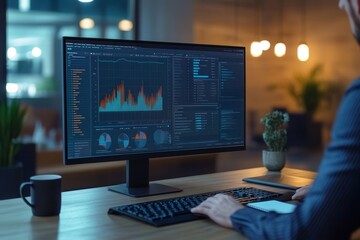 An expert is focused on a large computer monitor, analyzing data and writing in a well-organized workspace while enjoying coffee. Generative AI