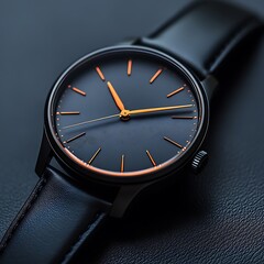 A sleek black watch with orange accents, emphasizing its minimalist design.