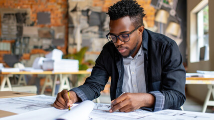 A focused architect sketches plans and takes notes at a stylish desk surrounded by creative materials and natural light