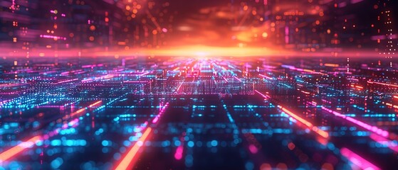 Fototapeta premium Abstract retro sci-fi grid 80's, 90's neon colors night and sunset, vintage cyberpunk illustration