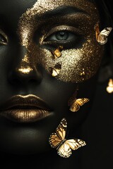 Obraz premium Chic black face makeup with glowing gold accents.