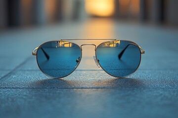 Stylish sunglasses with blue lenses reflecting natural light, showcasing sleek design.