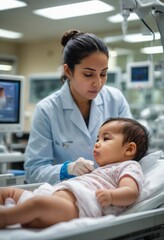 A female doctor carefully examining an infant patient in a medical setting, showing care and professionalism.