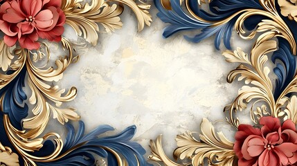 Golden and Blue Floral Frame on Textured Background. Template for quotes, and greetings cards