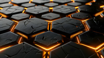 Obraz premium Luxury hexagonal abstract black metal background with golden light lines. Dark 3d geometric texture illustration. Bright grid pattern