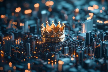 A 3D crown icon on a cityscape background, the concept of being a market leader in business 