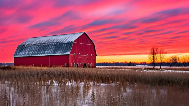 red barn at sunset