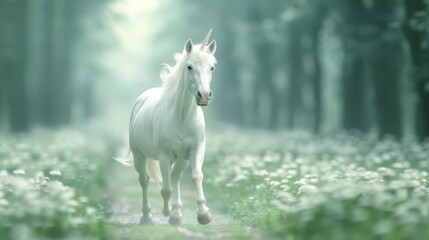 Obraz premium Mythical Beauty, a majestic unicorn prances through a serene forest glade, surrounded by mist and blooming wildflowers, embodying enchantment and grace.
